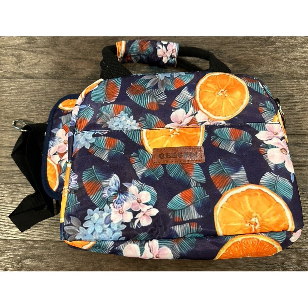 Geecow floral oranges insulated Lunch‎ Bag tag with strap collapsible New